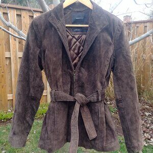 Isaac Mizrahi genuine suede leather chocolate brown belted jacket Medium